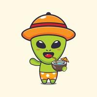 Cute alien drink coconut cartoon vector illustration.