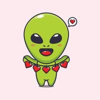 Cute alien holding love decoration cartoon vector Illustration.