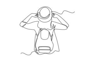 Continuous one line drawing happy woman traveling in full costume. Travel experience concept. Single line draw design vector graphic illustration.