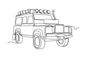 Continuous one line drawing Off road vehicle for travelling. Travel experience concept. Single line draw design vector graphic illustration.