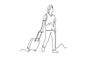 Continuous one line drawing happy man pulling a suitcase for traveling. Travel experience concept. Single line draw design vector graphic illustration.