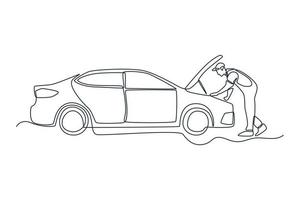 Single one line drawing male worker in uniform that repairs automobile. Auto service concept. Continuous line draw design graphic vector illustration.