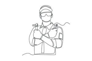 Single one line drawing mechanic standing with crossed arms and holding wrenches. Auto service concept. Continuous line draw design graphic vector illustration.