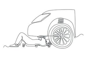 soltero uno línea dibujo mecánico uniforme acostado abajo y trabajando debajo coche a auto Servicio cochera. auto Servicio concepto. continuo línea dibujar diseño gráfico vector ilustración.