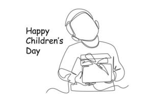 Continuous one line drawing happy boy gets gift box. Happy Children's Day concept. Single line draw design vector graphic illustration.