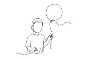 Continuous one line drawing happy boy holding balloon. Happy Children's Day concept. Single line draw design vector graphic illustration.