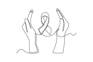 Single one line drawing hand protect ribbon. World health day concept. Continuous line draw design graphic vector illustration.