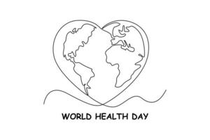 Single one line drawing heart shaped earth. World health day concept. Continuous line draw design graphic vector illustration.