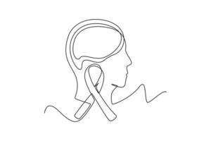 Single one line drawing human head and ribbon. World health day concept. Continuous line draw design graphic vector illustration.