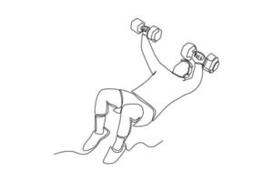 Single one line drawing man does floor dumbbell fly. Fitness activity concept. Continuous line draw design graphic vector illustration.