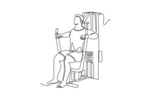 Single one line drawing doing chest exercise on Machine. Fitness activity concept. Continuous line draw design graphic vector illustration.