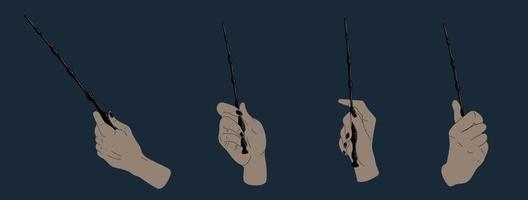 Set of hand wields a magic wand. Vector in cartoon style.