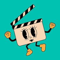 Retro clapperboard mascot. Cute character in trendy retro 60s 70s cartoon style. Vector hand drawn illustration