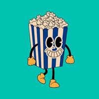 Retro Popcorn mascot. Cute character in trendy retro 60s 70s cartoon style. Vector hand drawn illustration