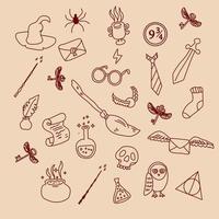 Hand drawn doodle magic things from a wizard school. Vector background, wallpaper, backdrop