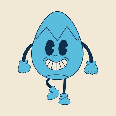 Retro easter egg mascot. Cute character in trendy retro 60s 70s cartoon style. Vector hand drawn illustration