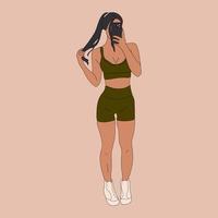 deportivo joven niña tomando un selfie en smartphone.fit mujer en gimnasio atlético ropa. niña toma espejo selfie con un teléfono inteligente resumen femenino vector ilustraciones.