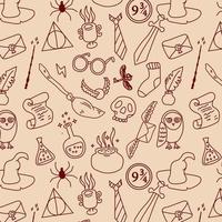 Hand drawn seamless pattern doodle magic things from a wizard school. Vector background, wallpaper, backdrop