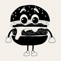 Cute Cartoon burger character. Happy and cheerful emotions. Old animation 60s 70s, funny cartoon characters. Trendy illustration in retro style. vector