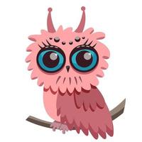 Funny owl. The owlet sits on a branch.Vector  owl. Flat vector illustration isolated on white background.