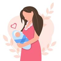 Happy young mother with her little son. Happy family concept. Mother love. Pregnancy and motherhood. Mother holds her child in her arms. Newborn son.Vector illustration in a flat style.  Left vector