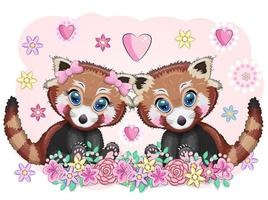 Red panda, cute character with beautiful eyes, bright childish style. Rare animals, red book, cat, bear vector