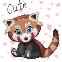 Red panda, cute character with beautiful eyes, bright childish style. Rare animals, red book, cat, bear vector