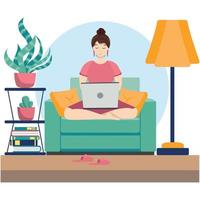 Cute young woman sitting on comfy chair with laptop computer in cozy room. Daily life of freelance worker, everyday routine. vector