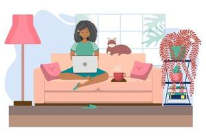 Young black woman working or studying from home, sitting on the couch, in a cozy atmosphere, with tea and a cat. Concept of covid-19 quarantine, freelancing, work and learning from home. vector