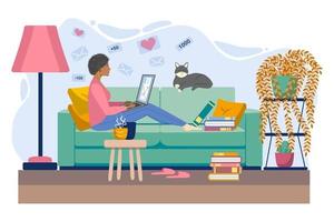 Young black woman working or studying from home, sitting on the couch, in a cozy atmosphere, with tea and a cat. Concept of covid-19 quarantine, freelancing, work and learning from home. vector