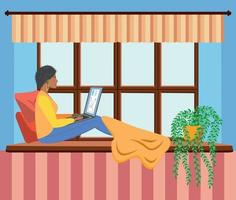 A woman works at a laptop while sitting on the windowsill at home. Freelance concept, quarantine due to covid-19. vector