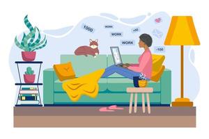 Young black woman working or studying from home, sitting on the couch, in a cozy atmosphere, with tea and a cat. Concept of covid-19 quarantine, freelancing, work and learning from home. vector