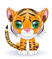 linda dibujos animados Tigre con hermosa ojos, brillante, naranja para saludo tarjetas vector