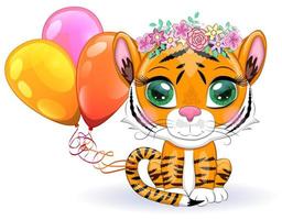 Cute cartoon tiger with beautiful eyes, bright, orange for greeting cards vector