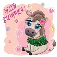 A cute donkey in a flower wreath with a guitar, a hula dancer from Hawaii. Summer card for the festival, travel banner vector