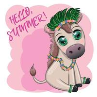 A cute donkey in a flower wreath with a guitar, a hula dancer from Hawaii. Summer card for the festival, travel banner vector