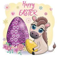 Cute donkey with an easter egg. Easter character and postcard vector