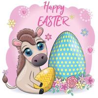 Cute donkey with an easter egg. Easter character and postcard vector