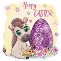 Cute donkey with an easter egg. Easter character and postcard vector