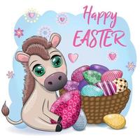 Cute donkey with an easter egg. Easter character and postcard vector