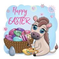 Cute donkey with an easter egg. Easter character and postcard vector