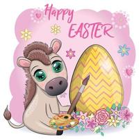 Cute donkey with an easter egg. Easter character and postcard vector