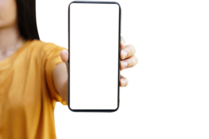 Asian woman holding phone screen in front png