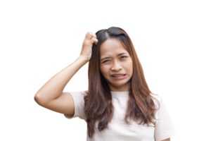 Asian woman having itchy head from dandruff png