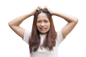 Asian woman having itchy head from dandruff png