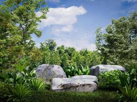 Rock podium in tropical forest for product presentation.