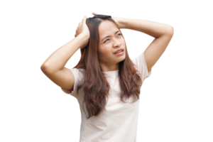 Asian woman has itchy head from dandruff png