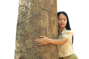 concept of saving the world Asian woman hugging a tree png