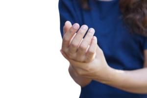 Woman holding her wrist pain from using computer, office syndrome png