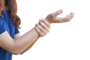 Woman holding her wrist pain from using computer, office syndrome png